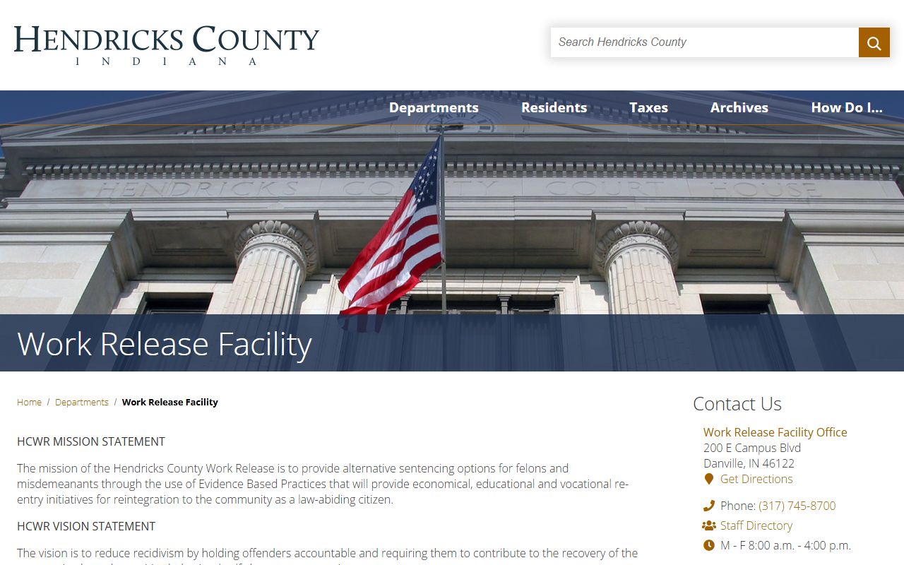 Hendricks County Work Release official department page