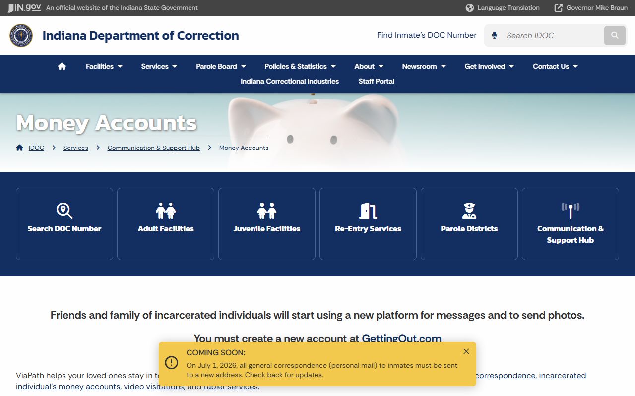 Plainfield Correctional Facility IDOC money account options