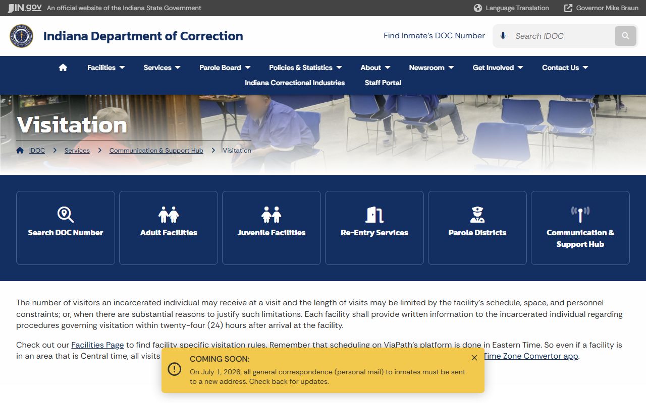 Plainfield Correctional Facility IDOC visitation registration and scheduling