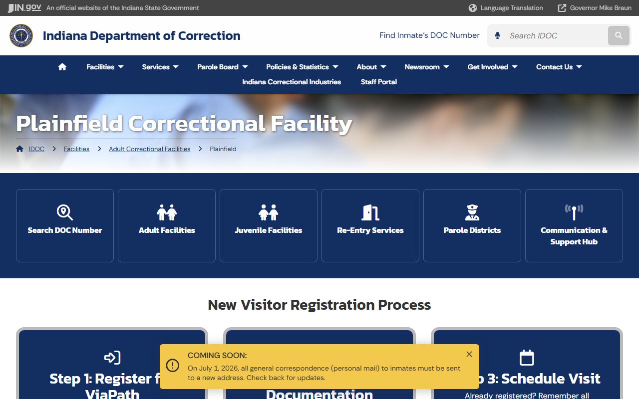 Plainfield Correctional Facility IDOC page and prison information
