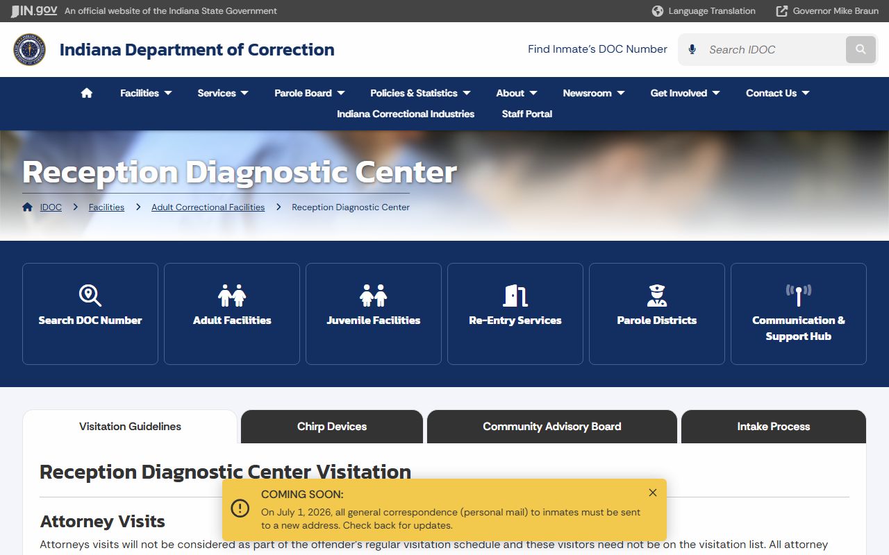Reception Diagnostic Center IDOC intake facility page